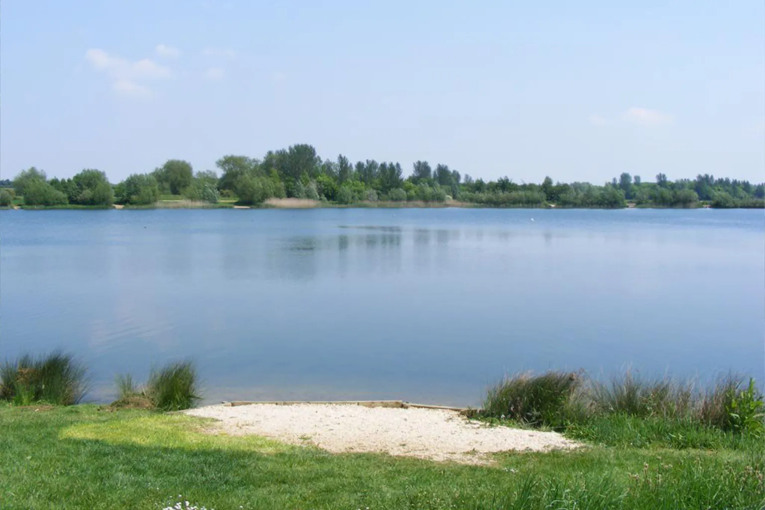 A wide, calm lake bordered by a grassy bank and a tree-lined shore.