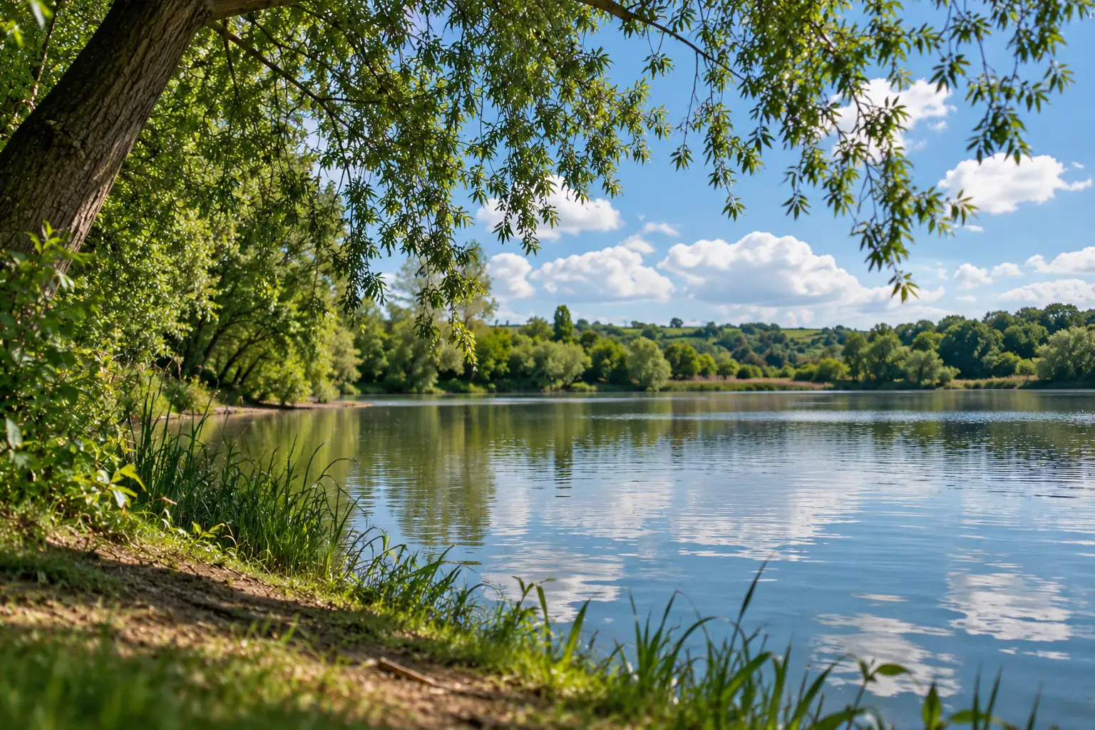 A tranquil lake surrounded by trees under a blue sky with scattered clouds.