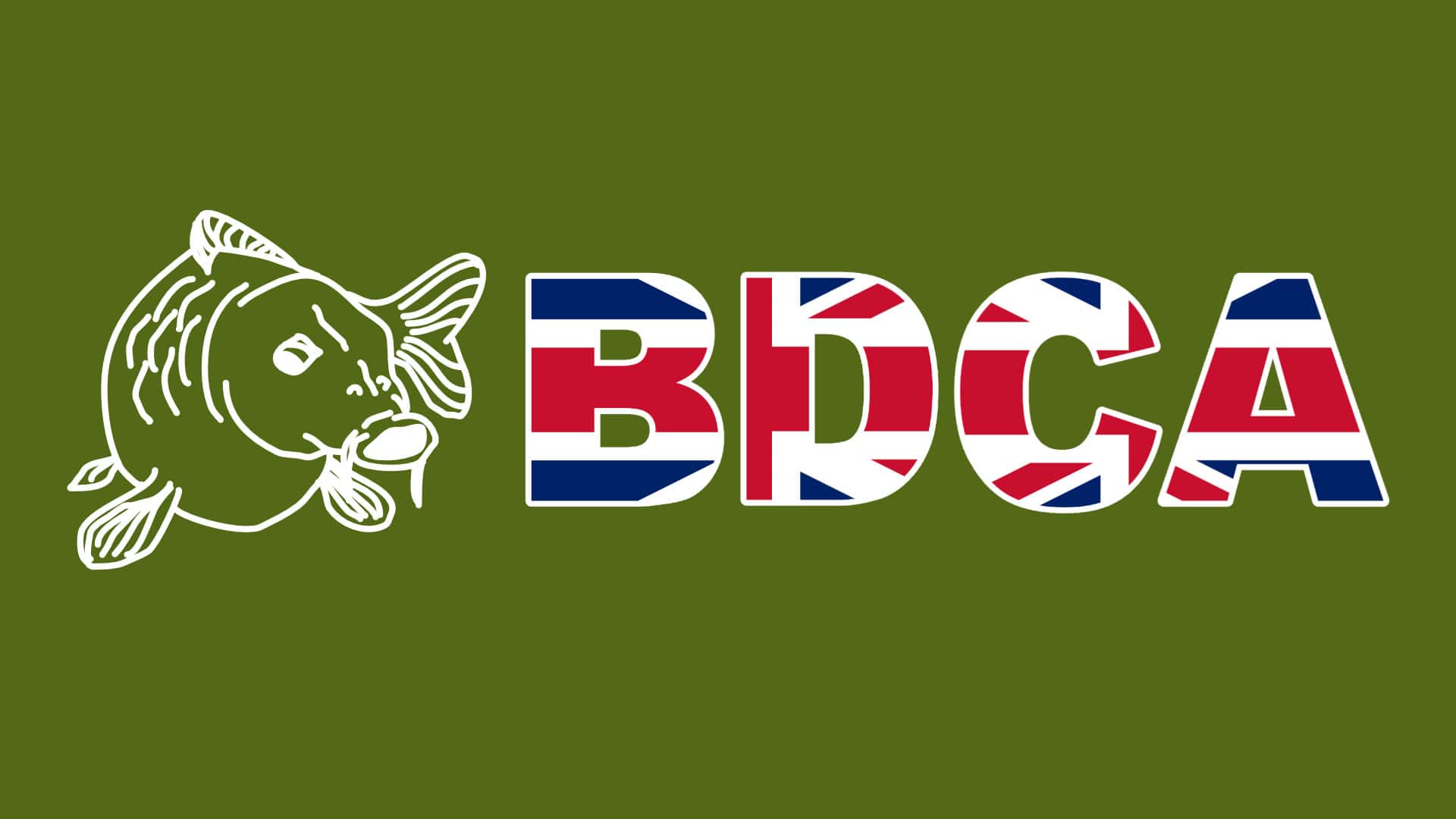 Logo with a fish illustration and the letters "BDCA" filled with the Union Jack flag pattern on a green background, representing an inclusive carp fishing logo for Deaf anglers UK.